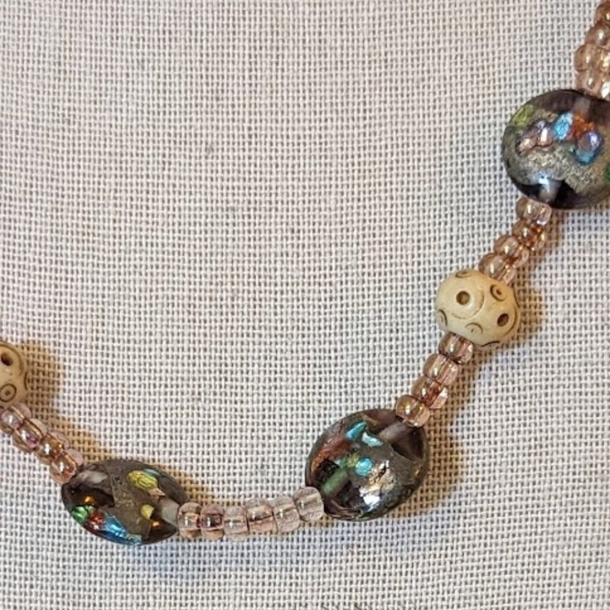 Vtg Murano Glass & Carved Beads With a Hook Clasp 18" Necklace