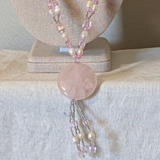 Pink Quartz, Potato Pearls, and Glass Bead Tassel Necklace