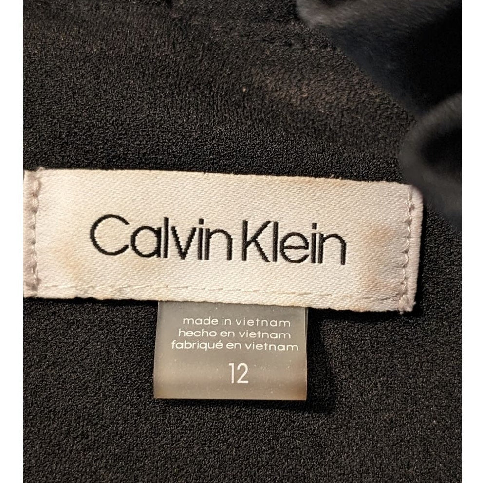 Calvin Klein Black Stretch Crepe Ruffle V-Neck Fit & Flare Dress Womens Sz 12