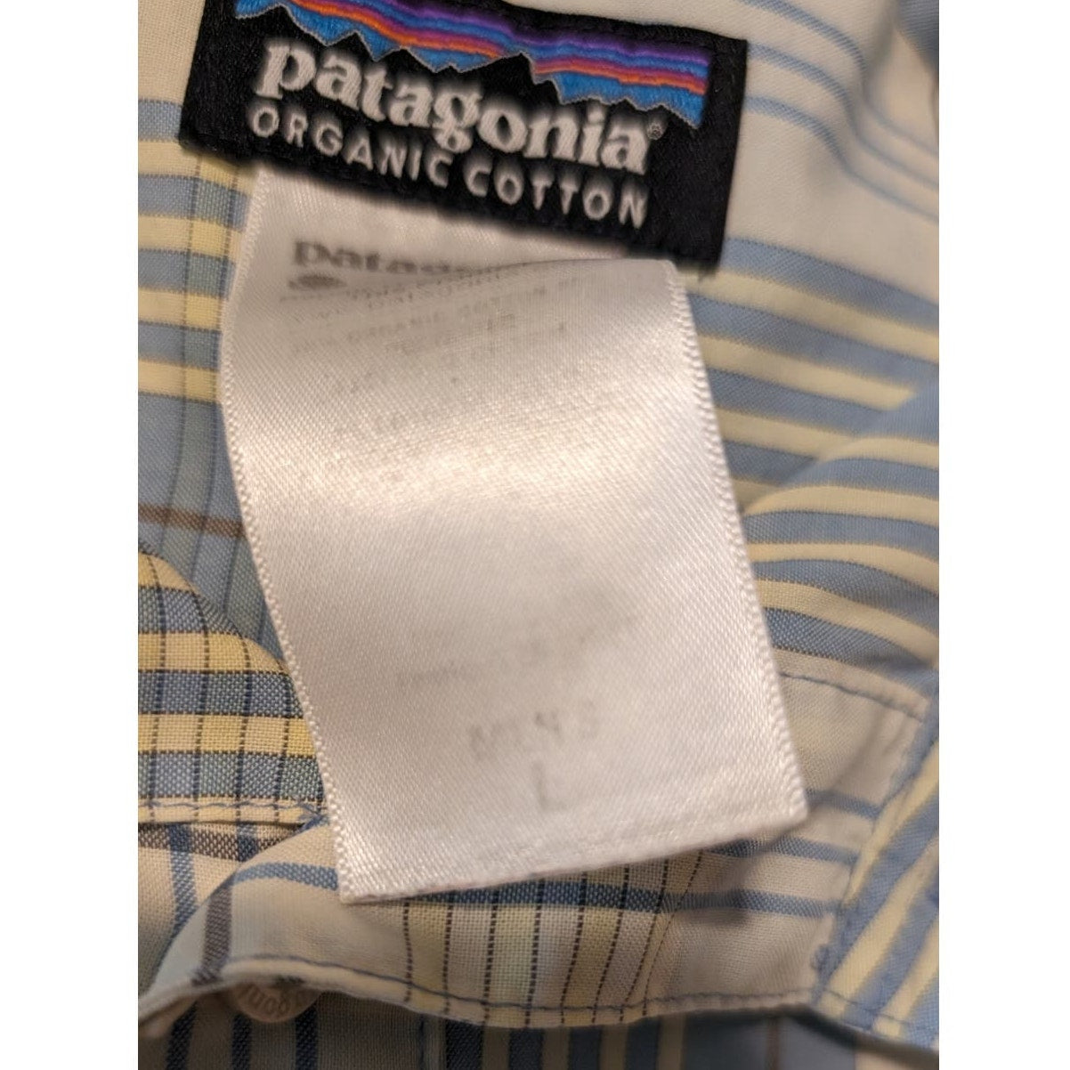 Patagonia Organic Cotton Light Blue Plaid Short Sleeve Button Up Shirt Mens Sz L
