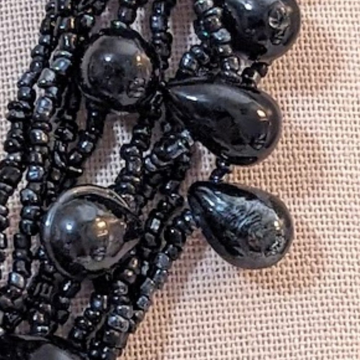 Chunky Black Glass Multi-Strand Seed Bead and Teardrop Bead Necklace