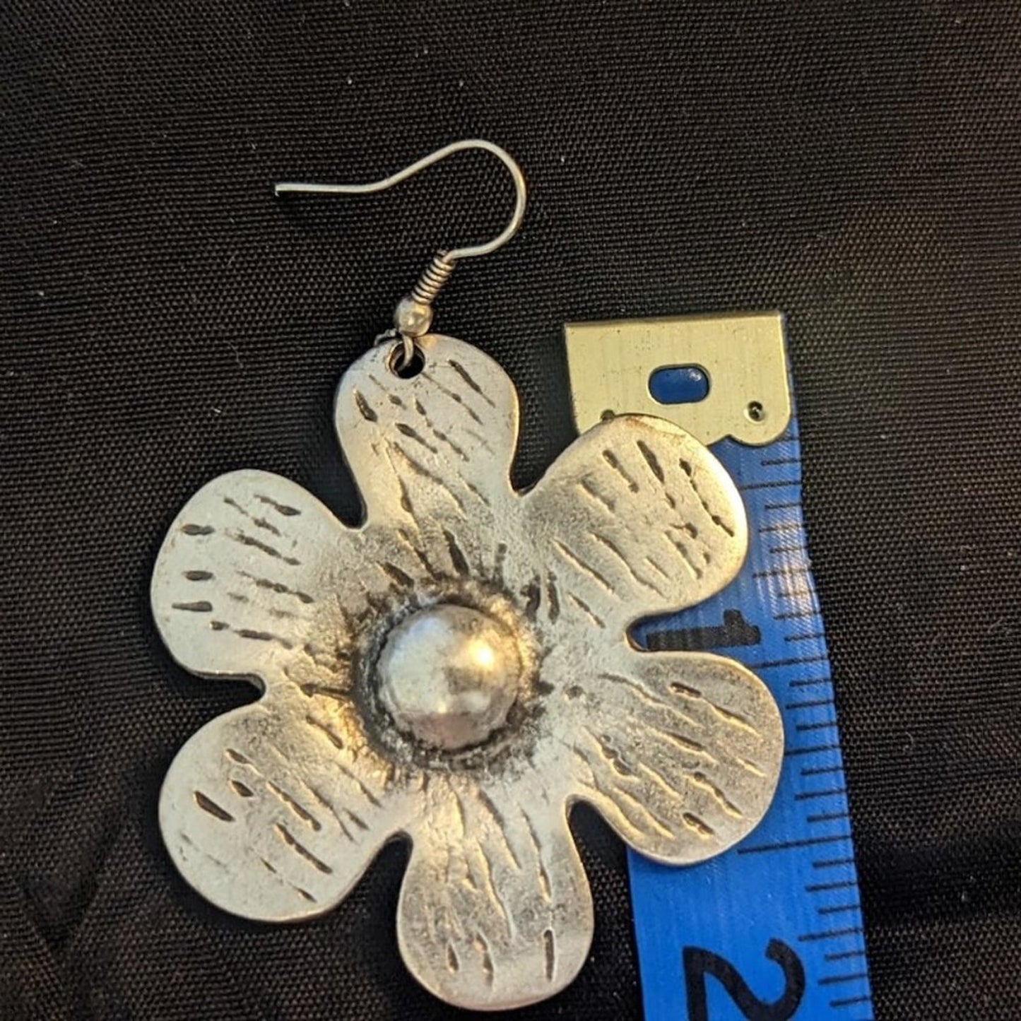 Large dangle pewter flower earrings