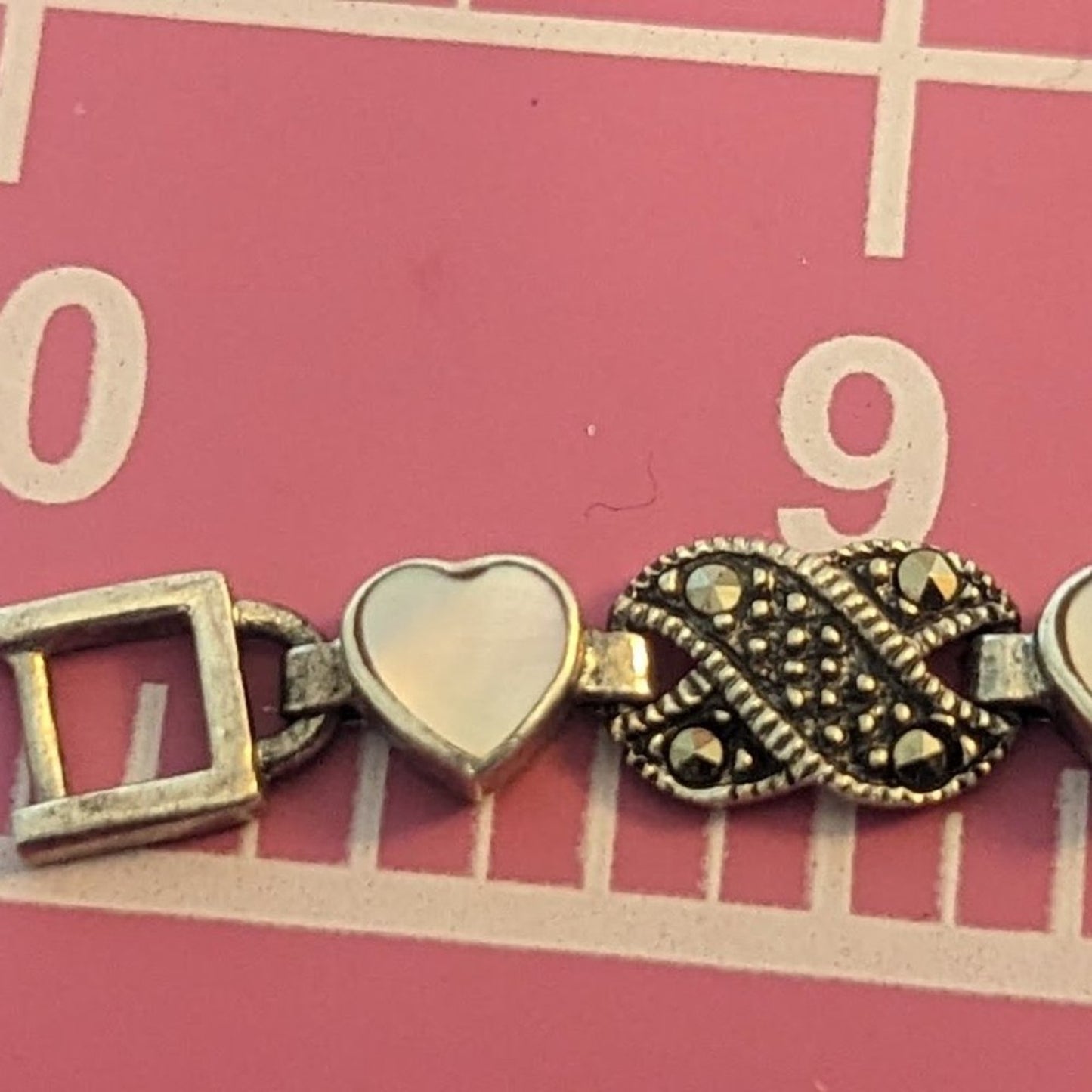 Vtg 925 Sterling Silver MOP Marcasite Fold Over Clasp Heart Link Bracelet 15.1g