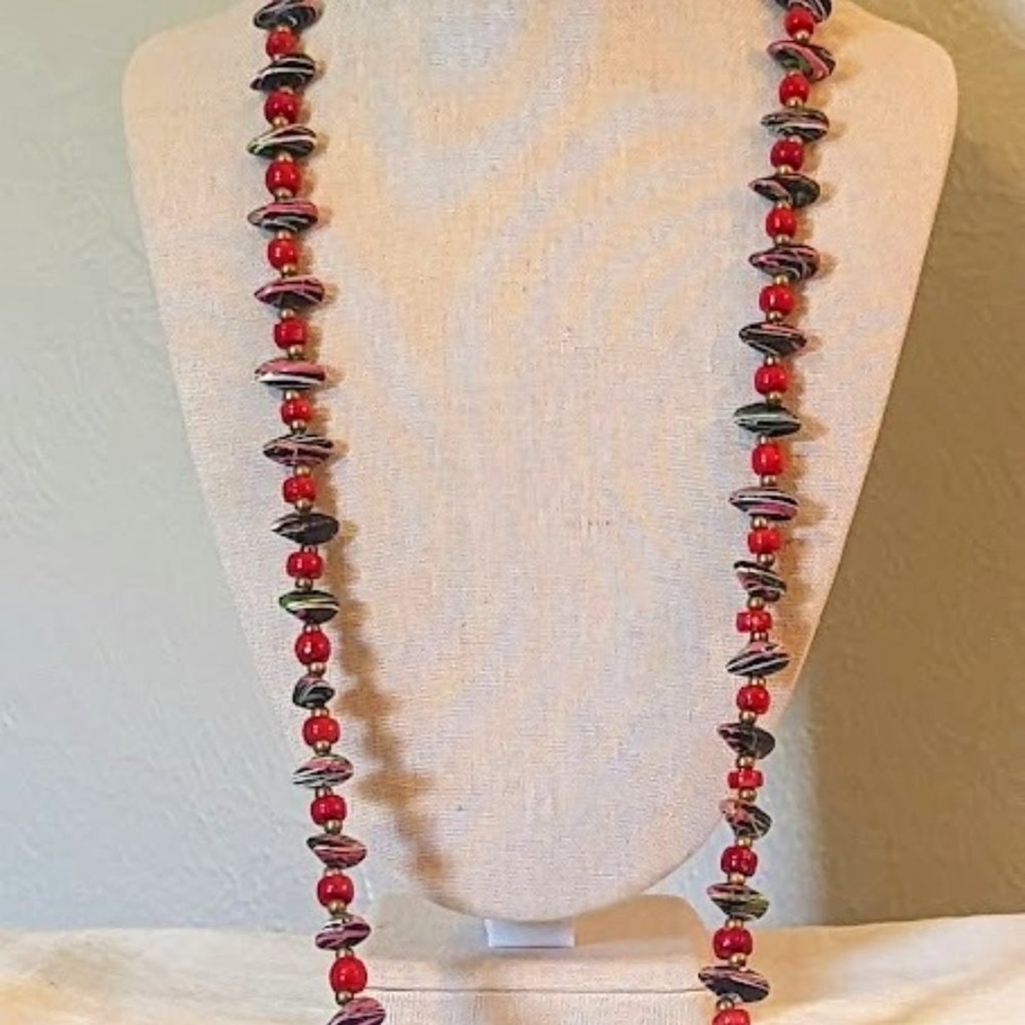 Vintage Hand-Painted & Red Glass Bead Necklace