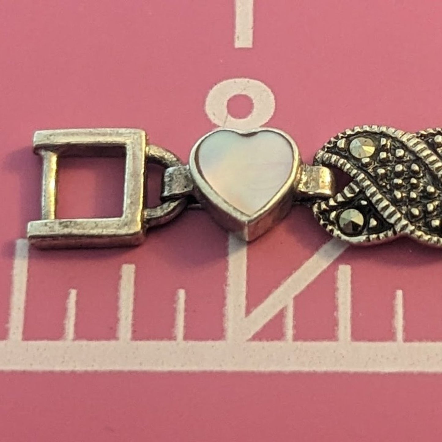 Vtg 925 Sterling Silver MOP Marcasite Fold Over Clasp Heart Link Bracelet 15.1g