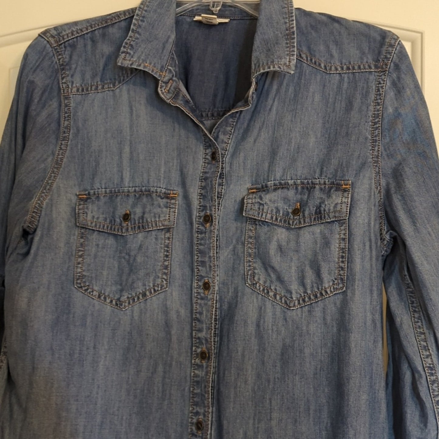 a.n.a Blue Chambray Button Up Women's Petite Size M with Button Roll Sleeves
