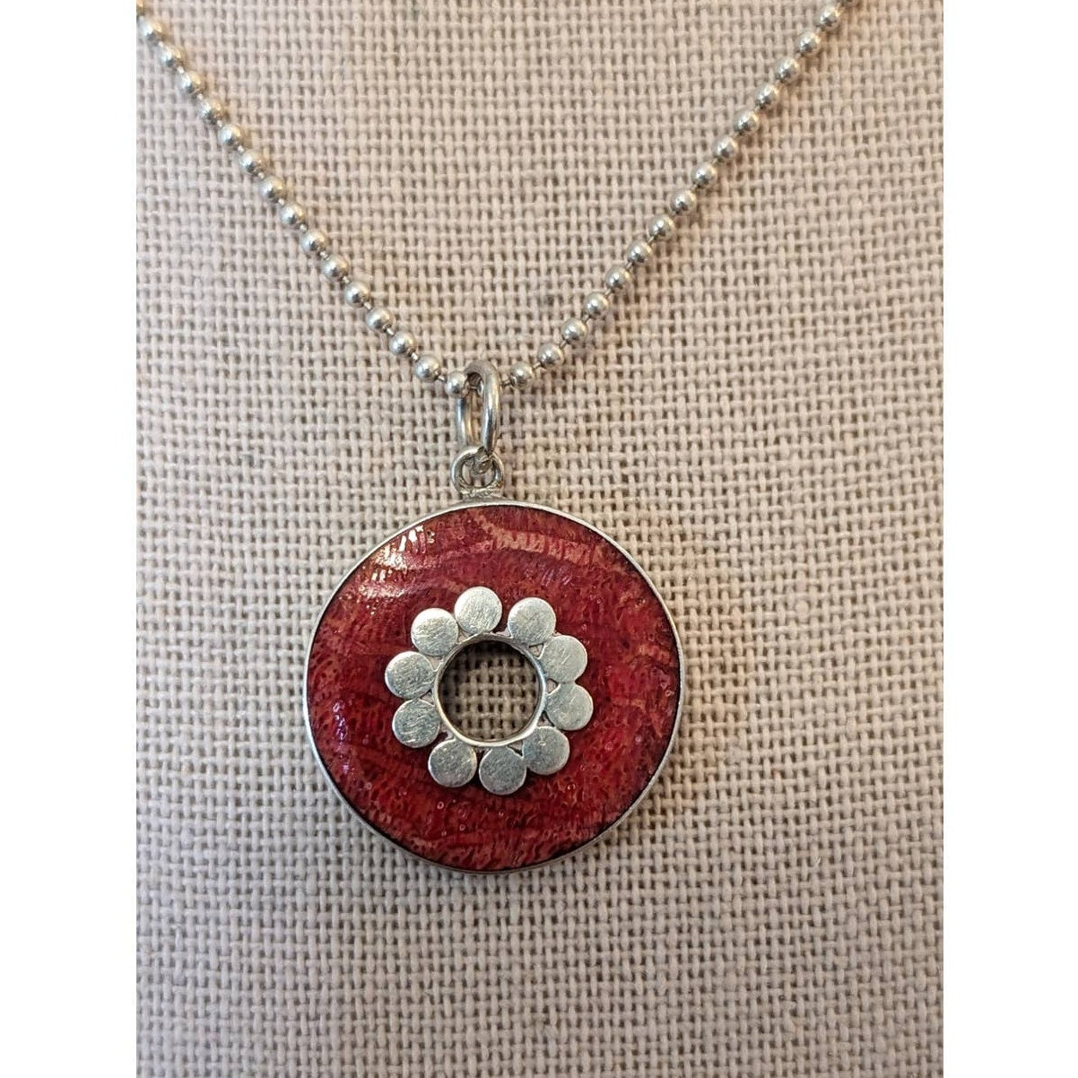 Bezel Set Oval Red Coral Pendant on Italian 925 Sterling Bead Ball 16" Chain