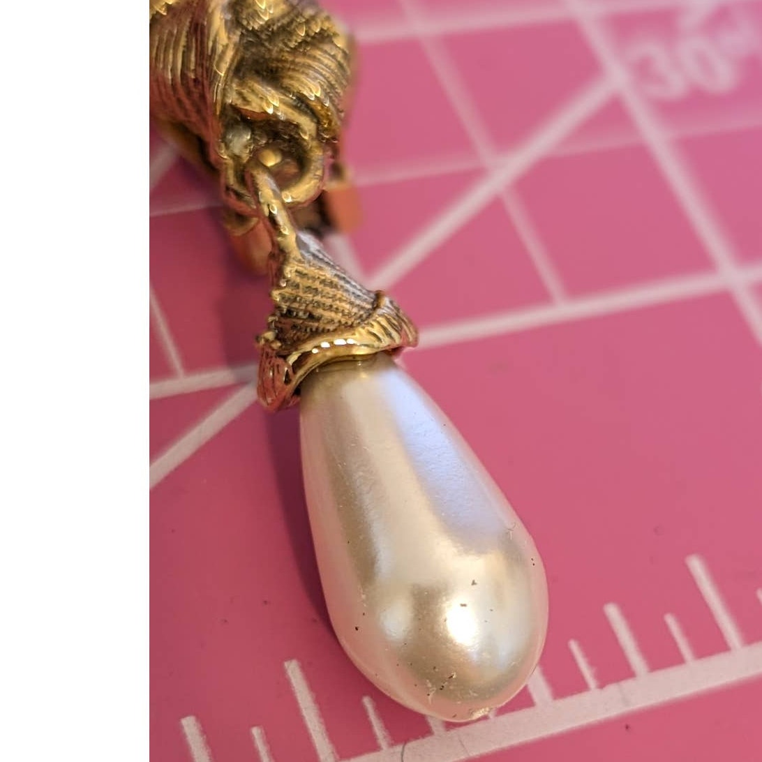 Vintage 80s Knotted Fan & Faux Teardrop Pearl Drop Clip On Bold Statement Earrings