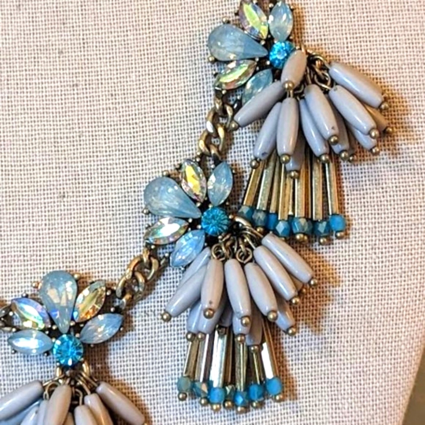 Shades of Blue Crystal Fringe Beaded Antique Gold Statement Necklace