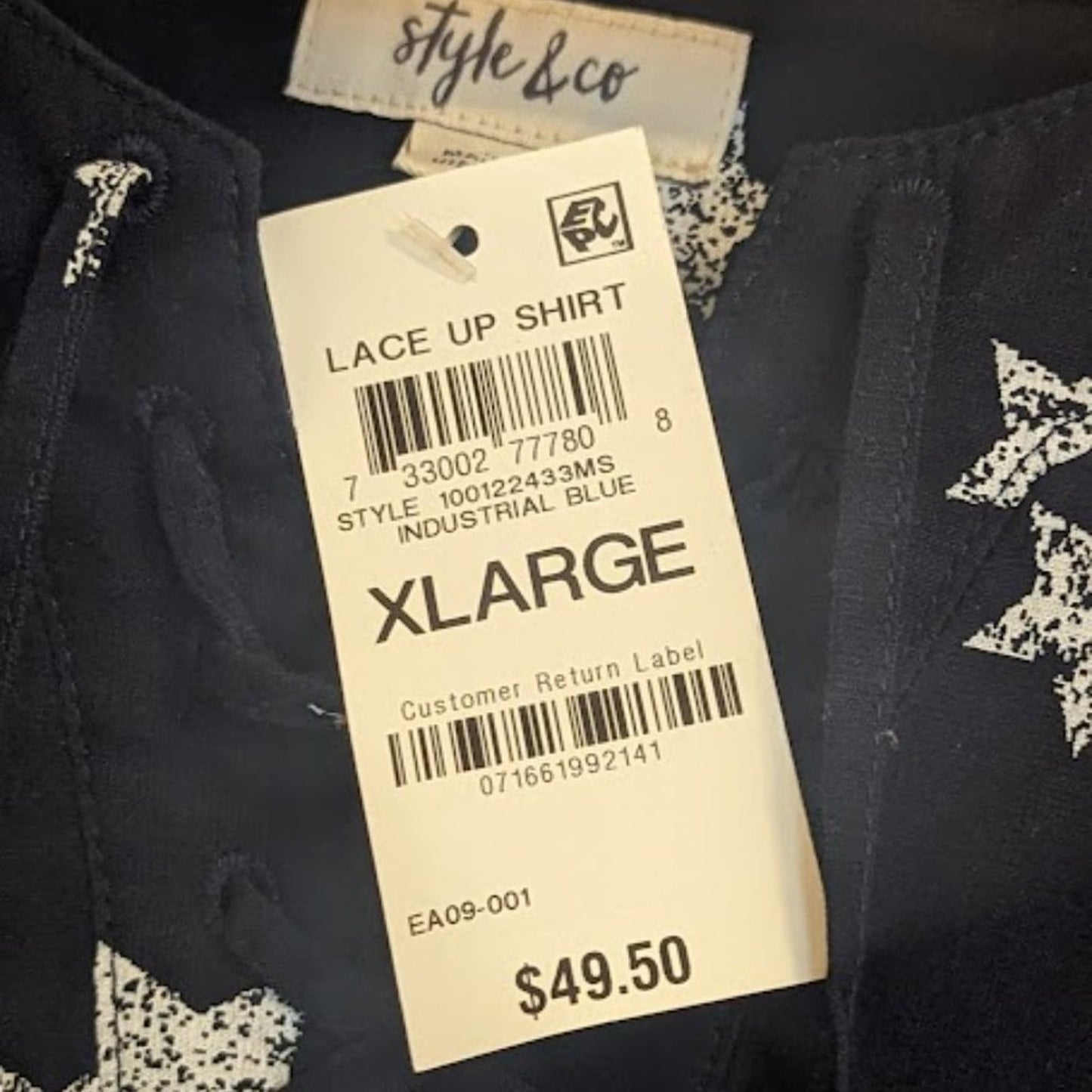 Style & Co NWT 100% Navy Star Lace Front Tunic Size XL