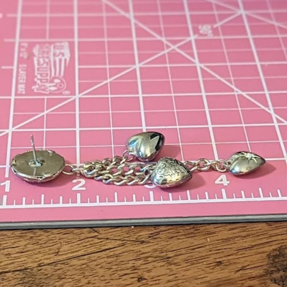 Vintage Filigree Button Dangling Hearts Post Earrings in Silver Tone Metal