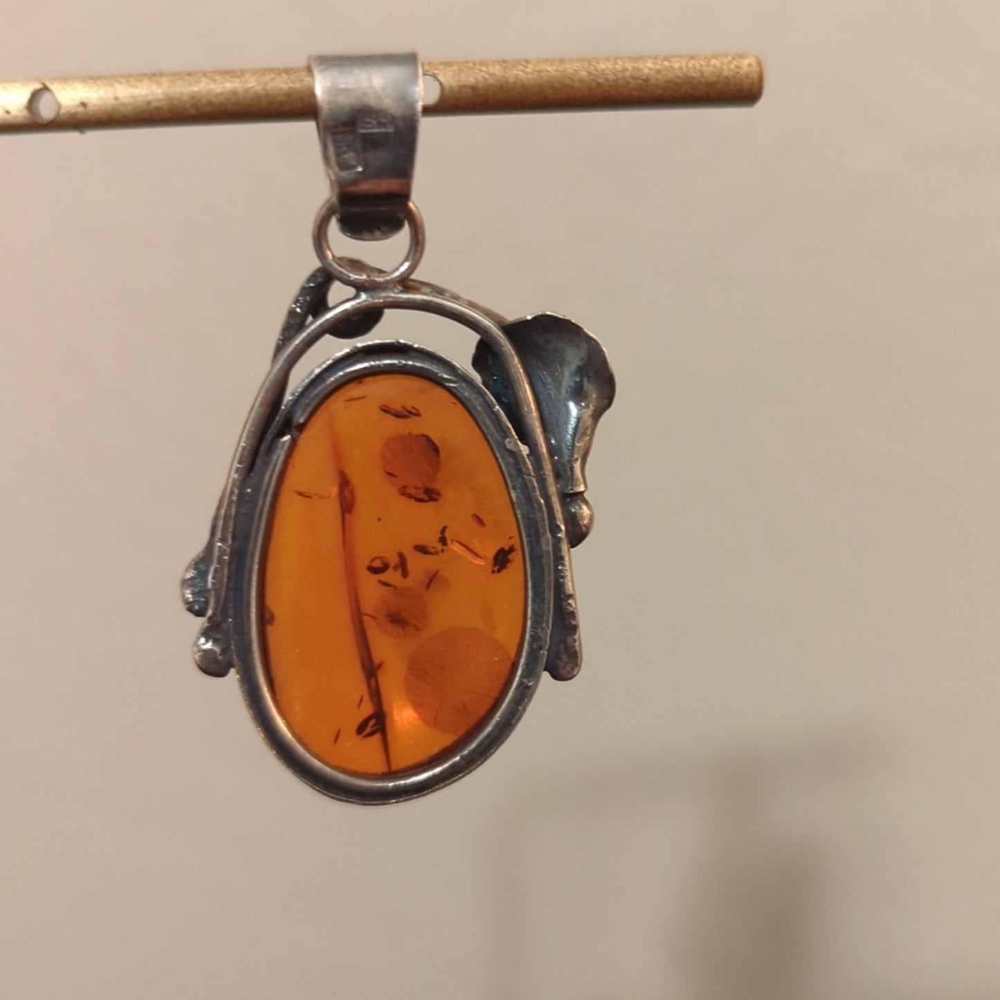 Vintage Art Nouveau Sterling 925 Real Warsaw Polish Amber Designer SR  Pendant