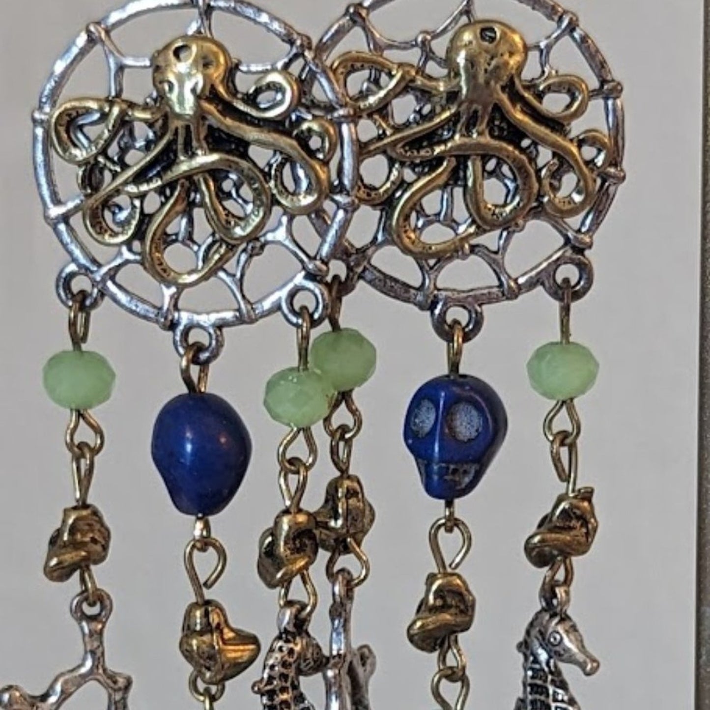 Nautical Charm Dangle Multi-Chain Bottom of the Sea Silver Tone Earrings