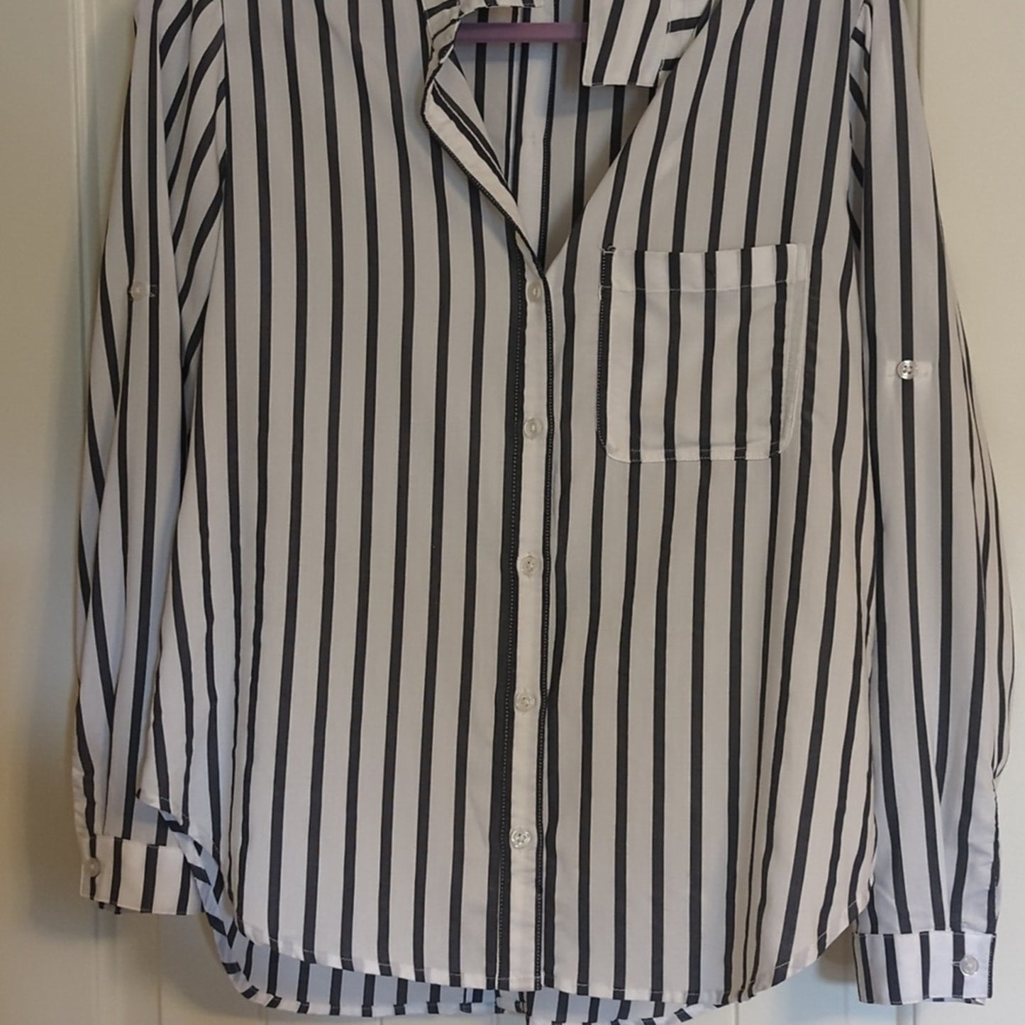 Cloth & Stone Gray Striped Button Up Back Long Sleeve Front Pocket Blouse W Sz M