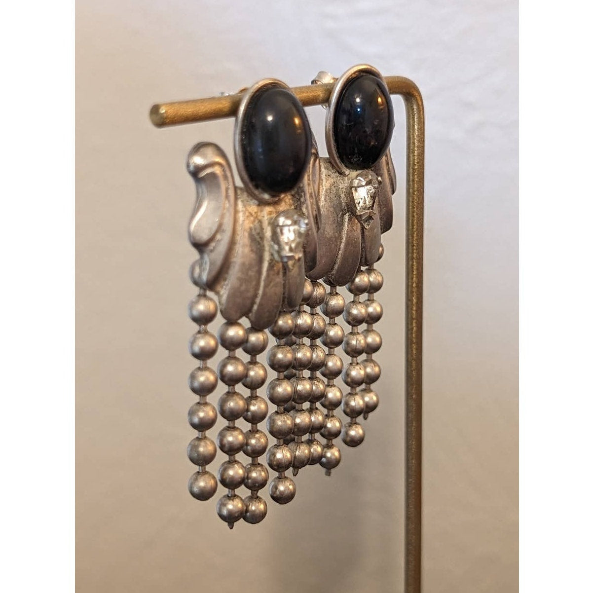 Vintage 80s Beaded Drop Silver Tone Black Bead Rhinestone Glam Post Earrings