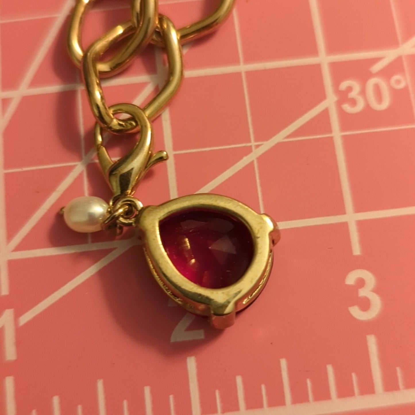 Monet Red Teardrop Crystal Charm Gold-Tone Chain Toggle Clasp Bracelet 6.5-6.75"