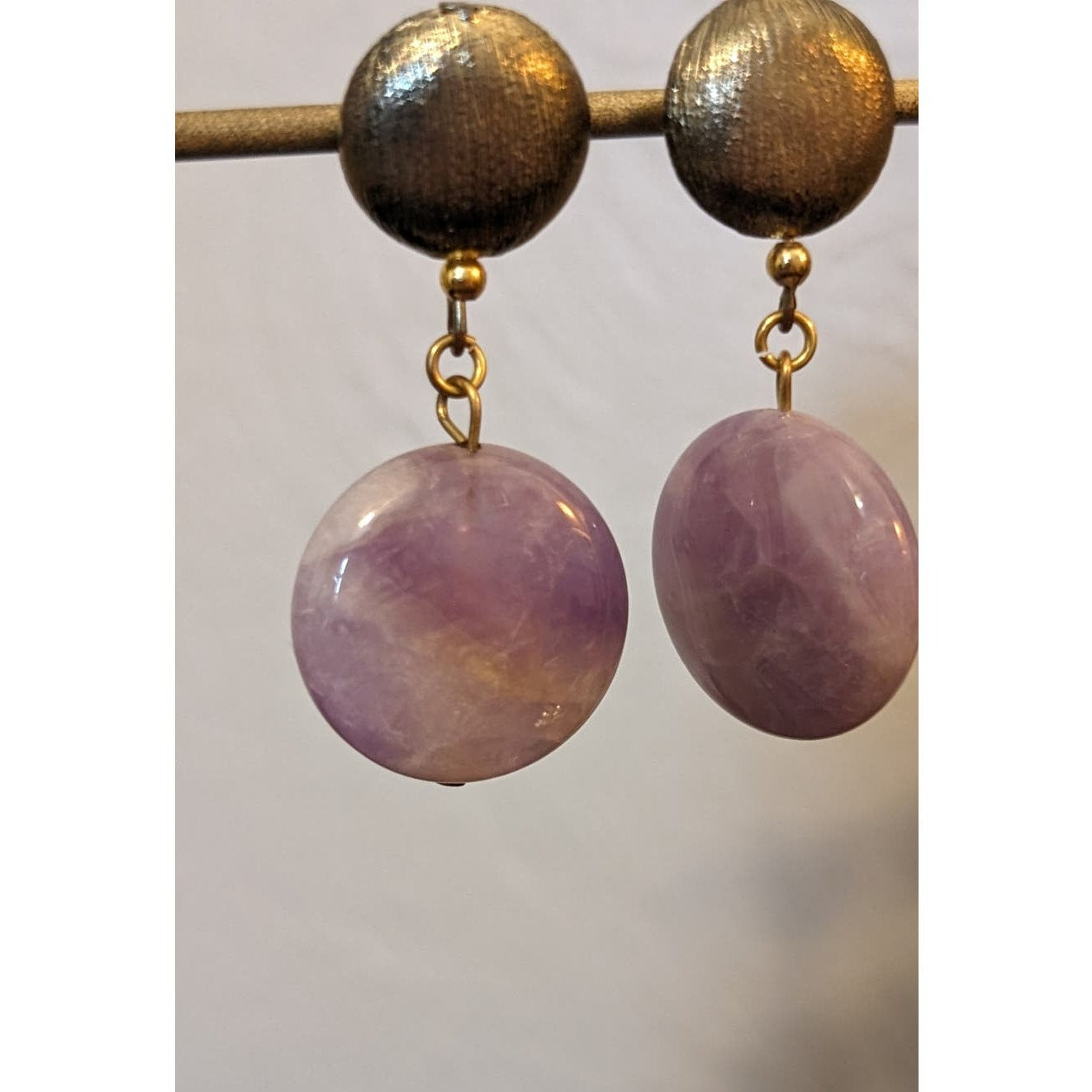 Lavender Purple Stone Dangle Gold Tone Post Earrings