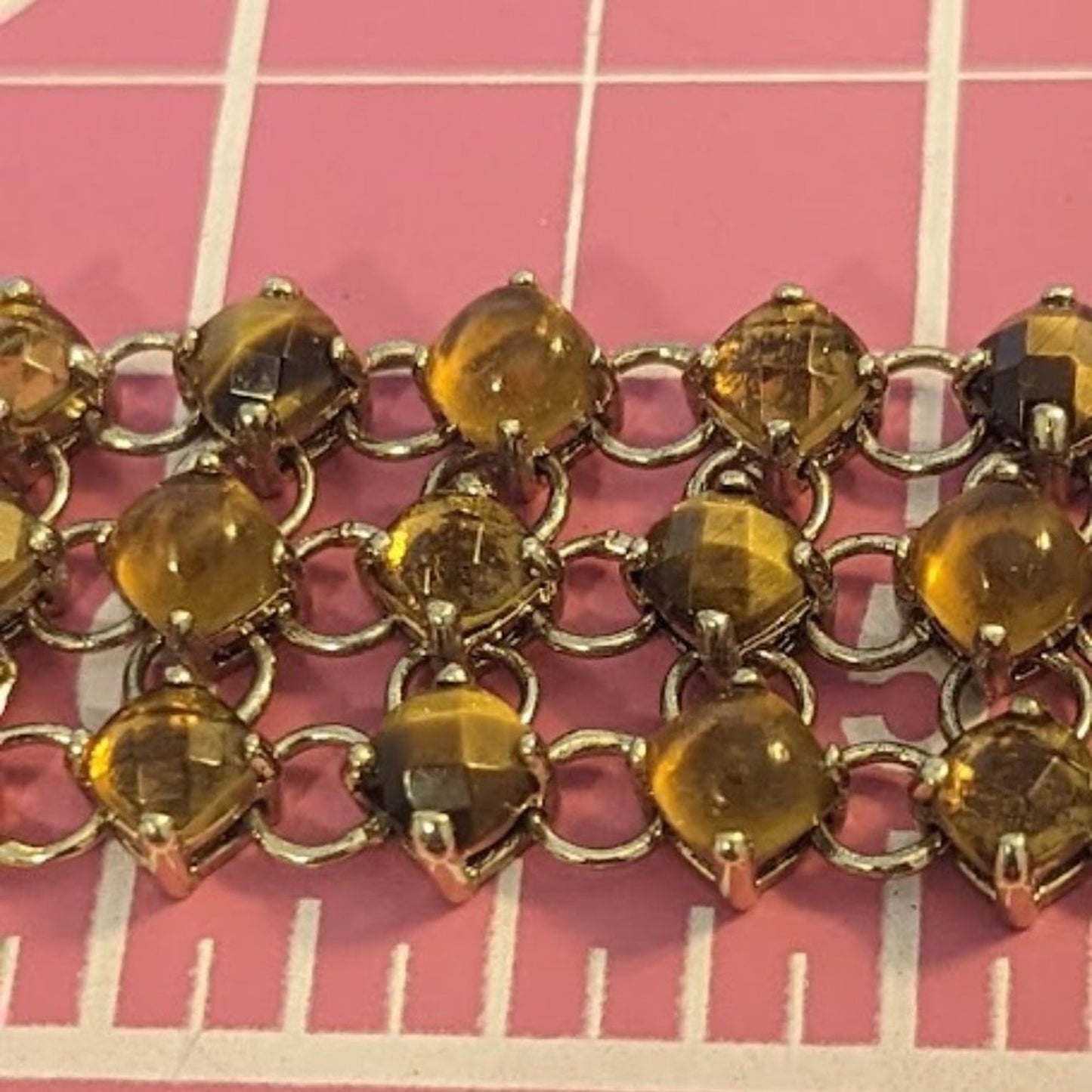 Faceted Tiger's Eye & Brown Bead Three Strand Gold Filled Link Chain Bracelet