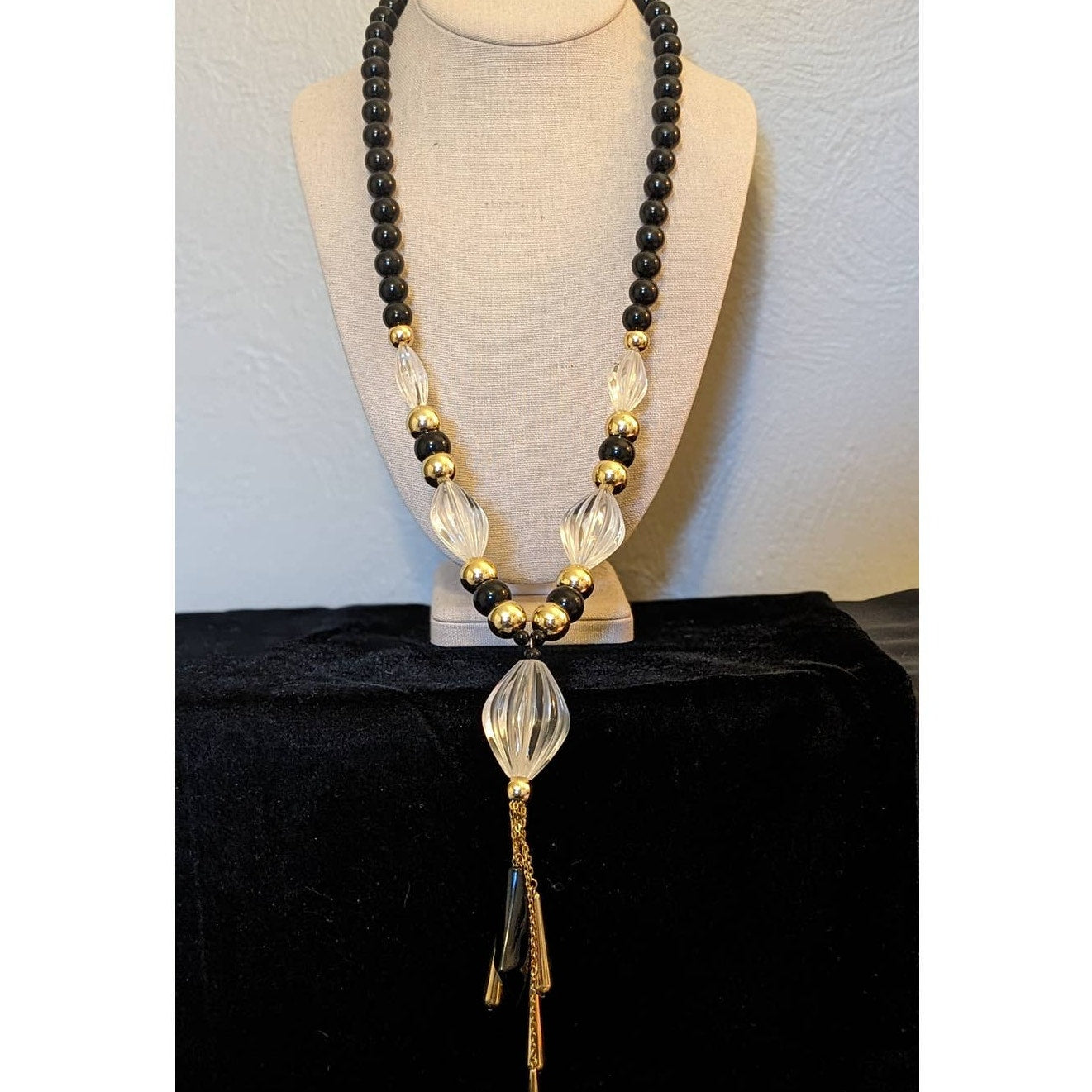 Art Deco Hollywood Glam Black Bead Clear Lucite Tassel Bold Statement Necklace