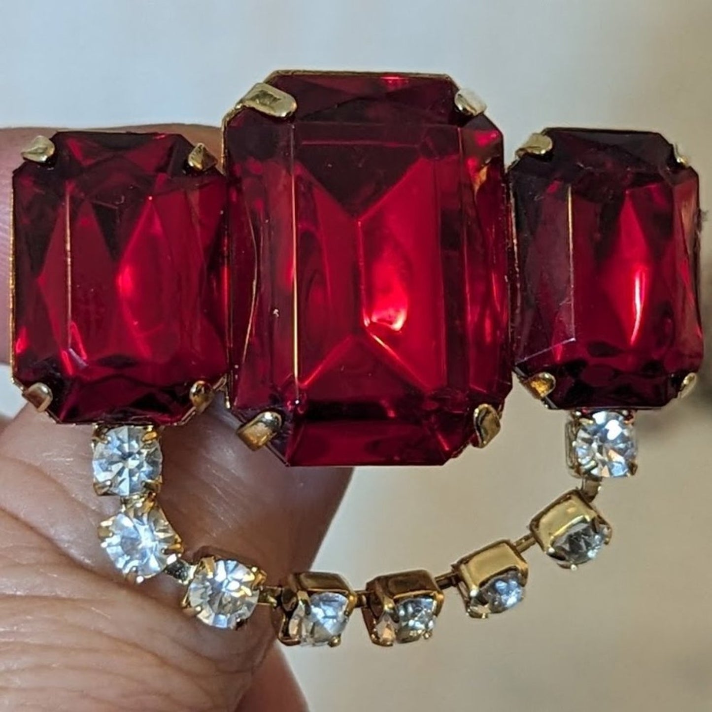 Vintage Three Large Ruby Crystals and Rhinestone Brooch
