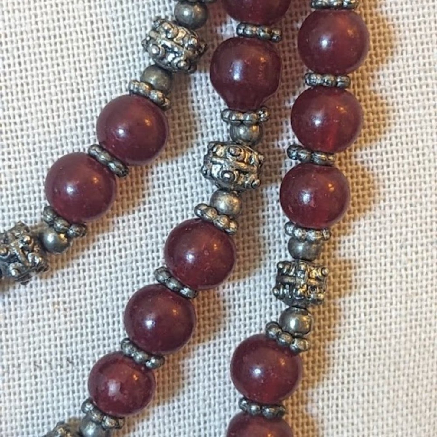 Vtg One Into Three Strand Red Glass Bead Silver Tone Necklace with Hook Clasp