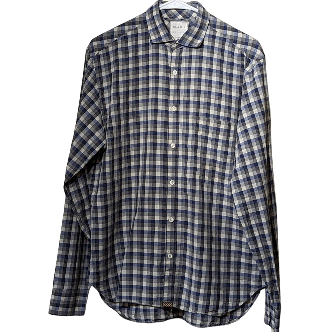 Billy Reid Made in Italy Blue Gray Check Standard Cut Button Up Shirt Mens Sz S