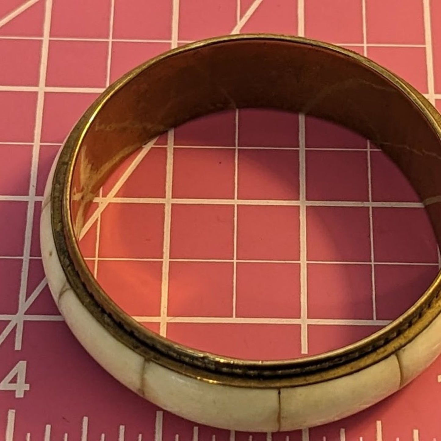 Cream Stone Inlay Brass Bangle