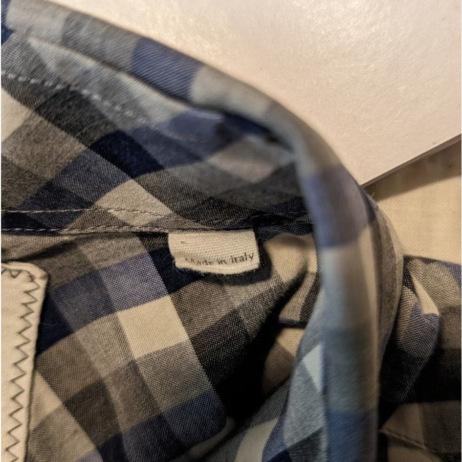 Billy Reid Made in Italy Blue Gray Check Standard Cut Button Up Shirt Mens Sz S