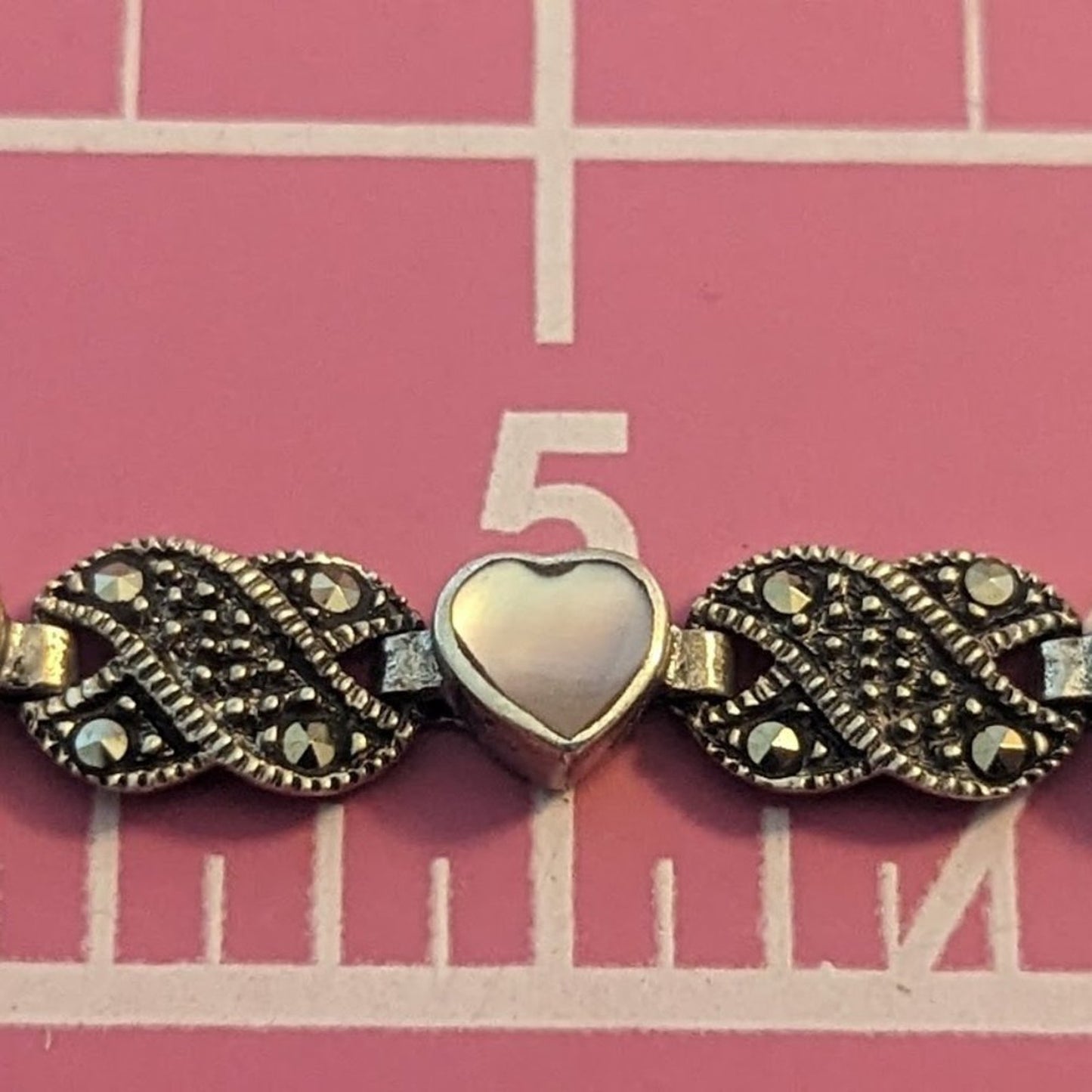 Vtg 925 Sterling Silver MOP Marcasite Fold Over Clasp Heart Link Bracelet 15.1g