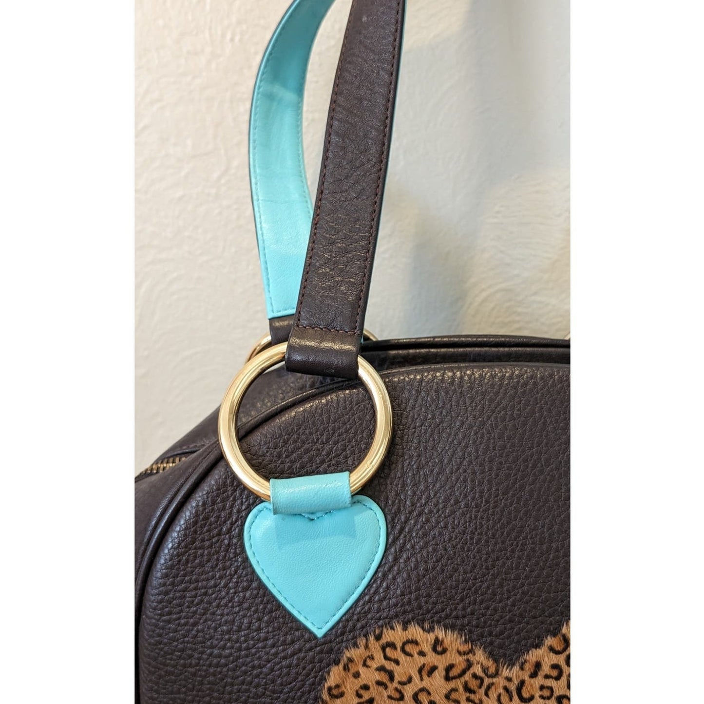Sweet Tooth Brown Pebbled Grain Cheetah Heart Satchel Handbag