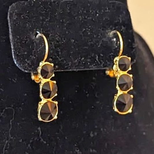 Three Upside Down Graduated Pointed Black Crystal Lever Back Earrings
