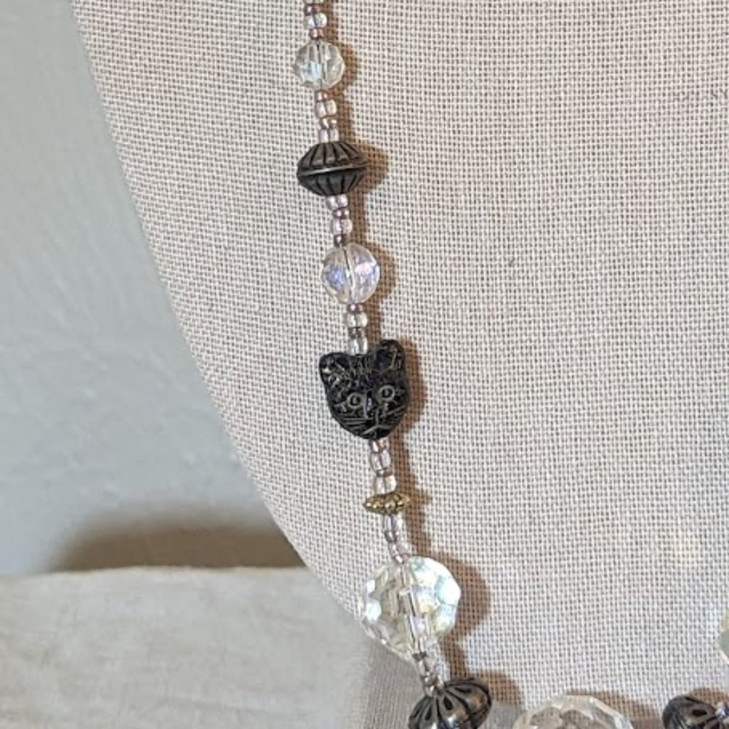 Quirky Crystal Kitty Beaded Silver Tone Necklace