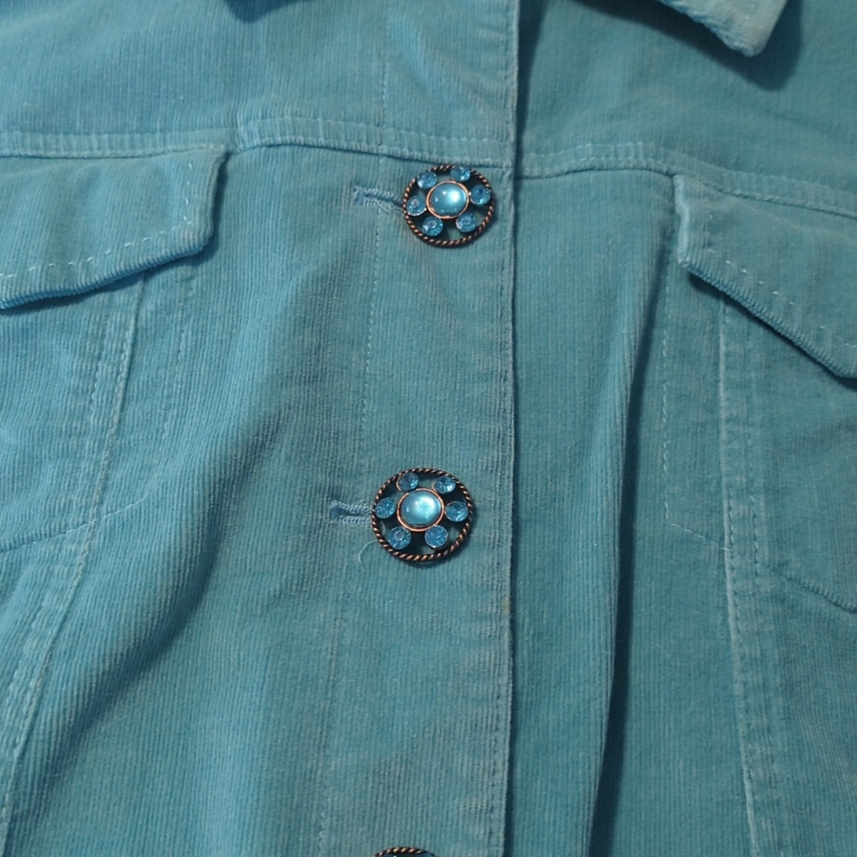 Live a Little Vtg Cotton Stretch Turquoise Corduroy Embellished Jacket Sz XL