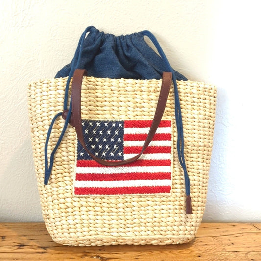 Americana Straw Bag Tote With Draw String Chambray Liner