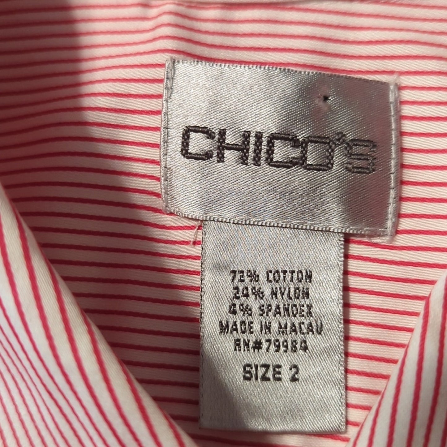 Chico's Red White Stripe Cotton Blend Button Down Shirt Women's Size 2 (US L-12)