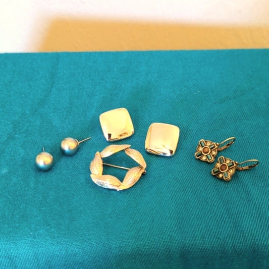 Three Pair of Silver Tone Earrings and One Textured Leaf Wreath Brooch