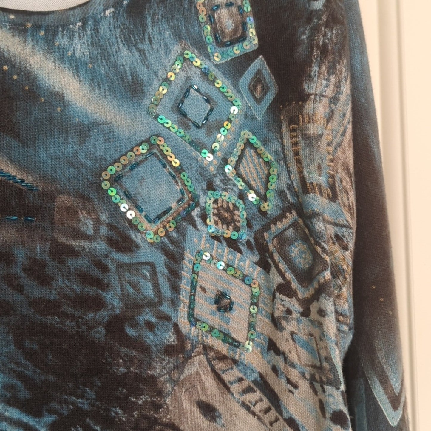 Chagall Turquoise Animal Print Sequin Embellished Lightweight Sweater Sz. XL