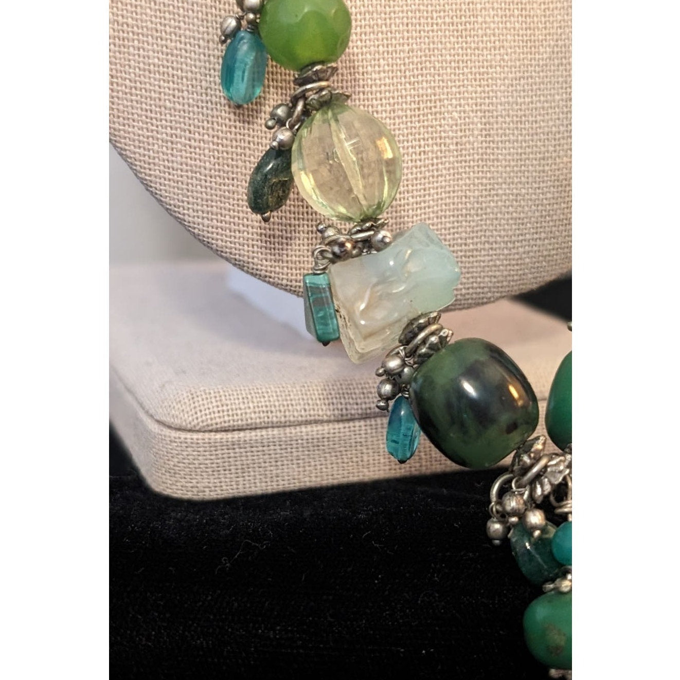 Green Multi-Shape and Color Beaded Silver Tone Tassel Necklace