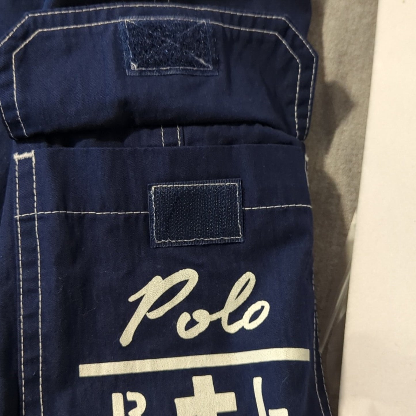 Polo Ralph Lauren Navy White Stripe Velcro Front Logo Pocket Swim Trunks Sz 34