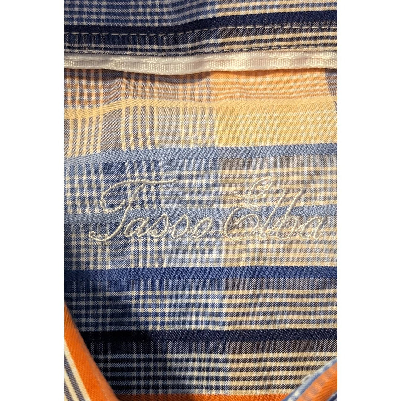 Tasso Elba Blue & Orange Plaid Button Up 100% Cotton Dress Shirt Mens Sz XL