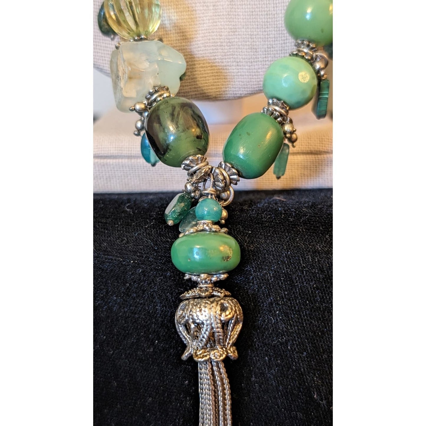 Green Multi-Shape and Color Beaded Silver Tone Tassel Necklace