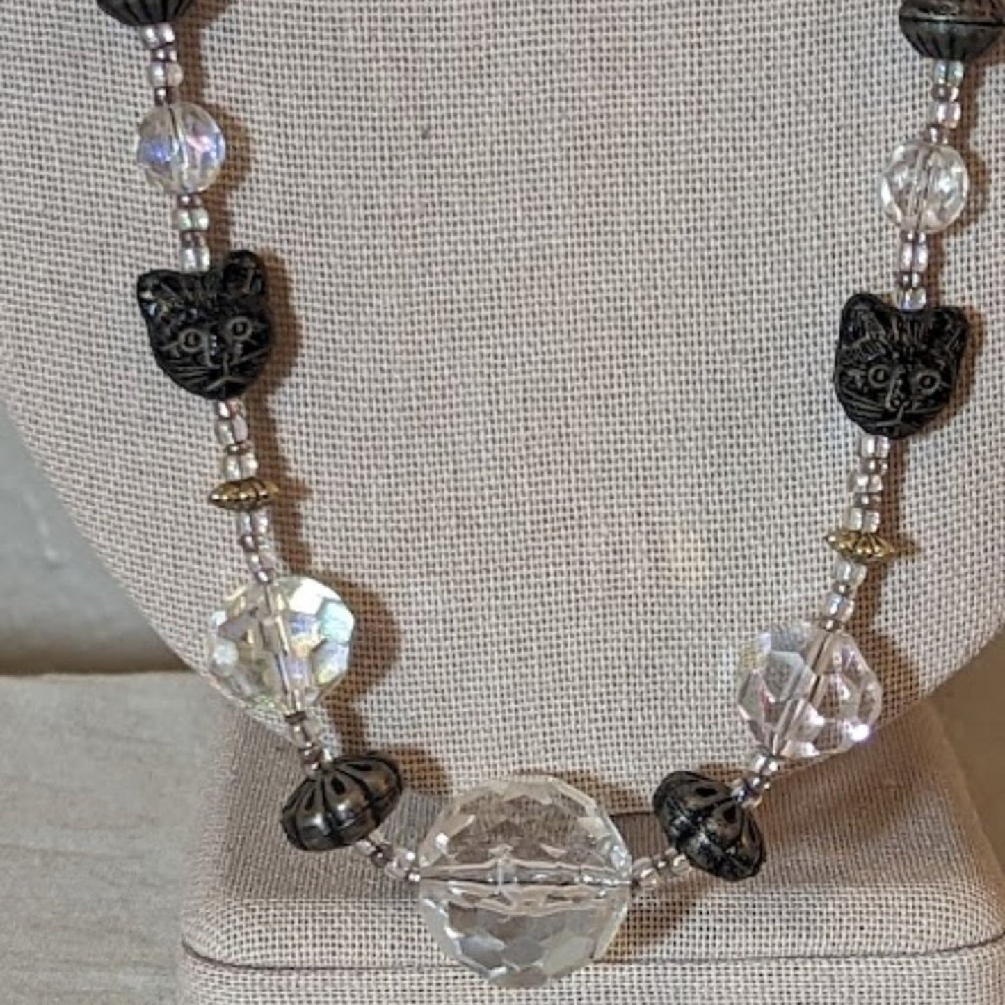 Quirky Crystal Kitty Beaded Silver Tone Necklace
