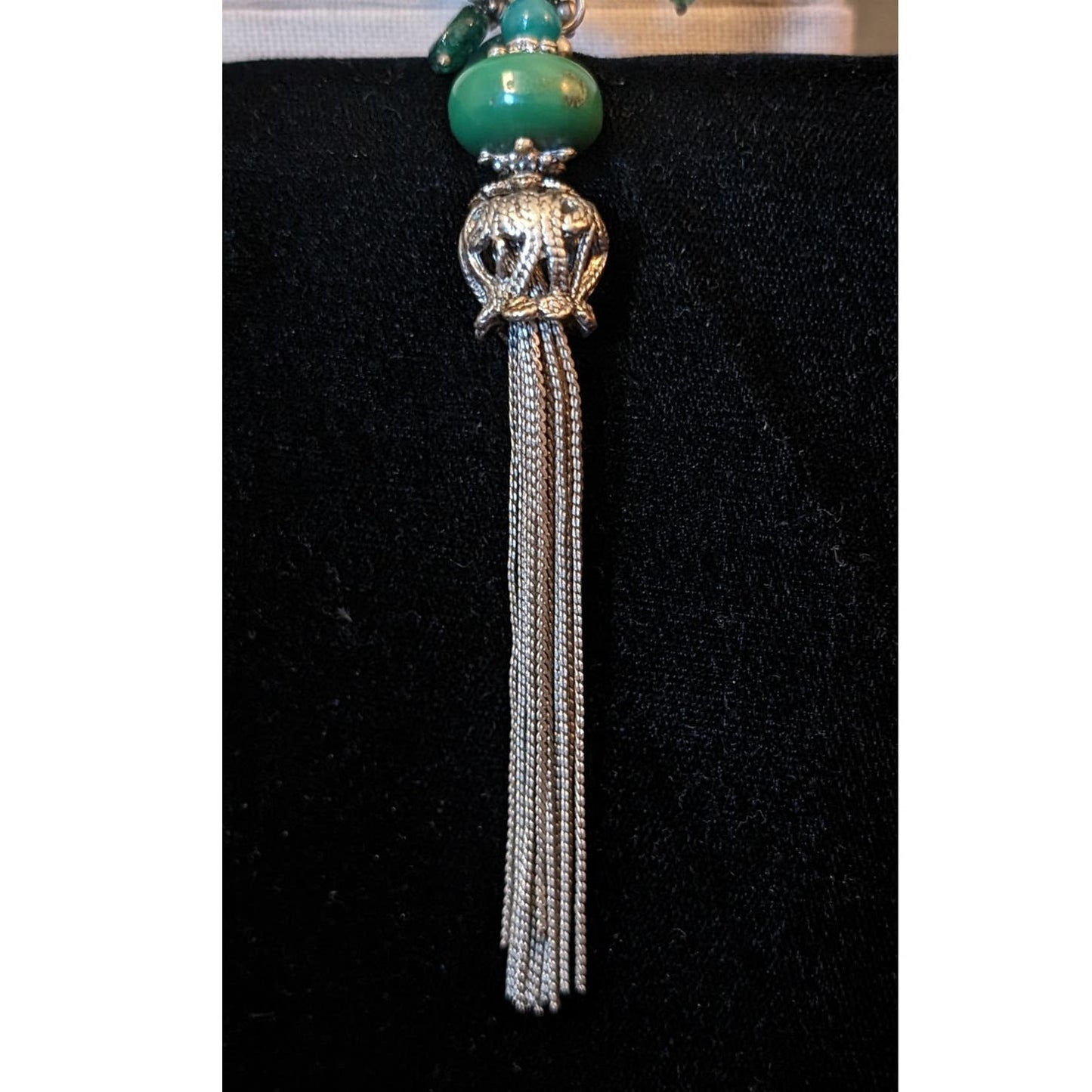 Green Multi-Shape and Color Beaded Silver Tone Tassel Necklace