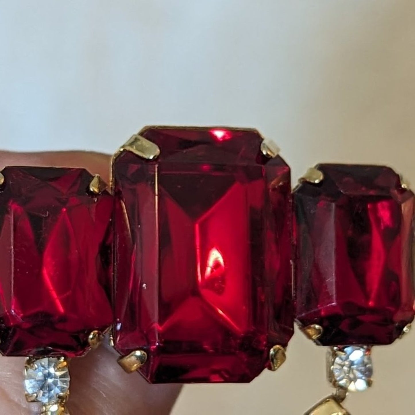 Vintage Three Large Ruby Crystals and Rhinestone Brooch