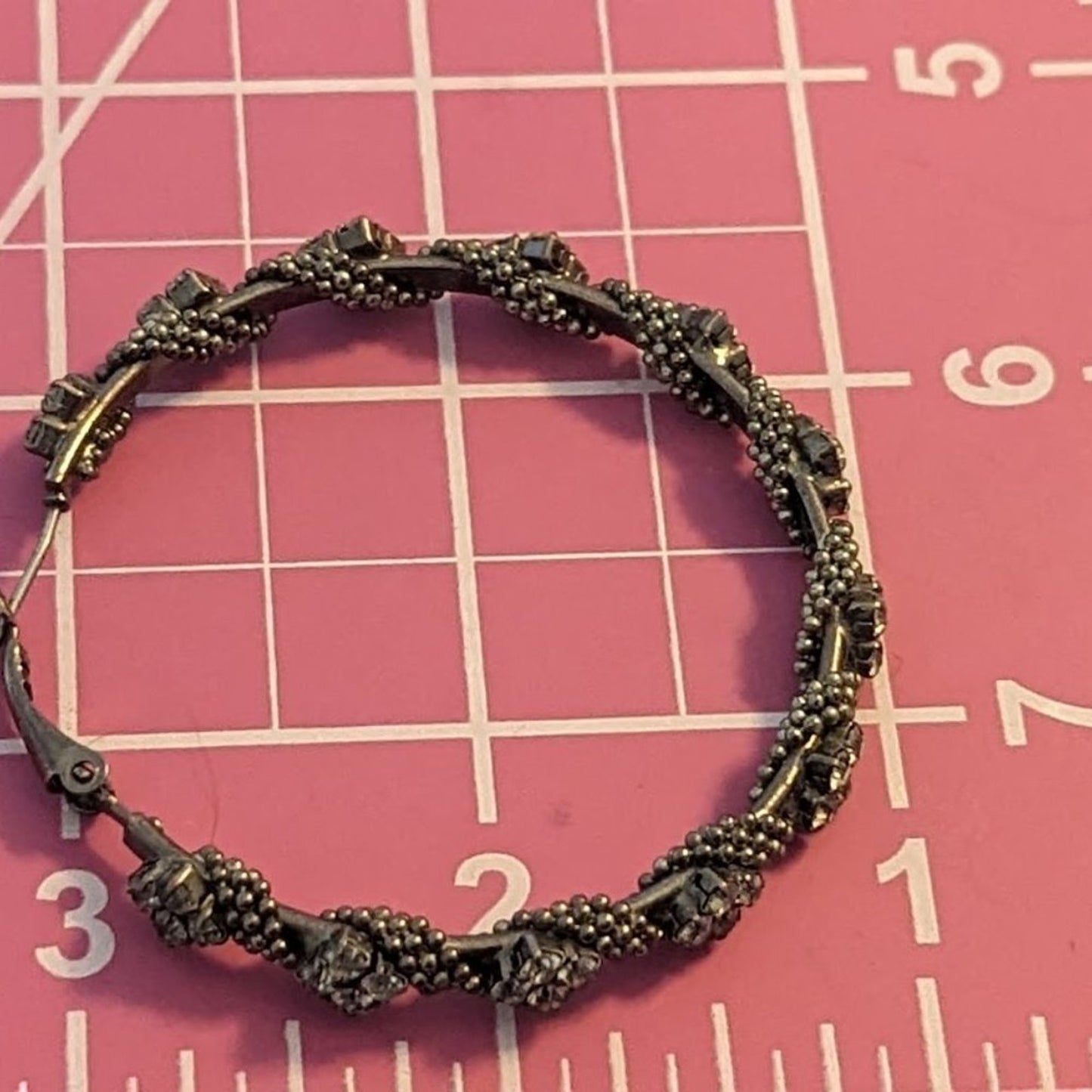 Gun Metal Beaded Flower Rhinestone Hoop Earrings