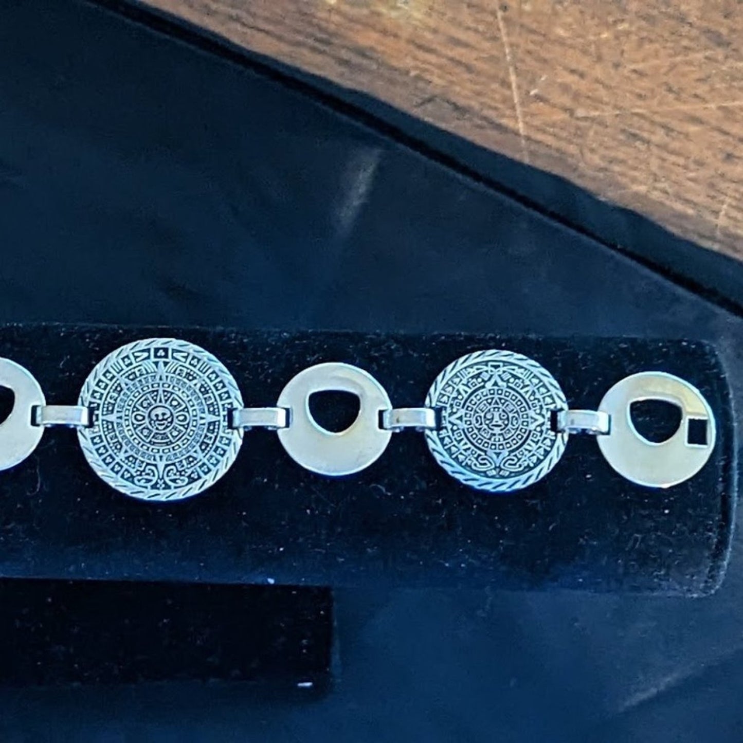 Vintage Silver Tone Mayan Aztec Calendar Coin Fold Over Clasp Bracelet