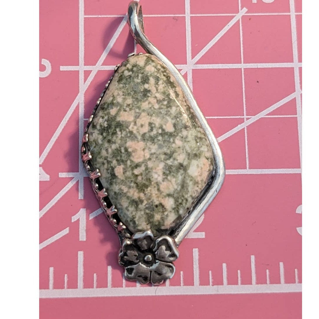 Thulite or Unakite Large Stone Pendant Set in Sterling 925 Marked 'Irene'