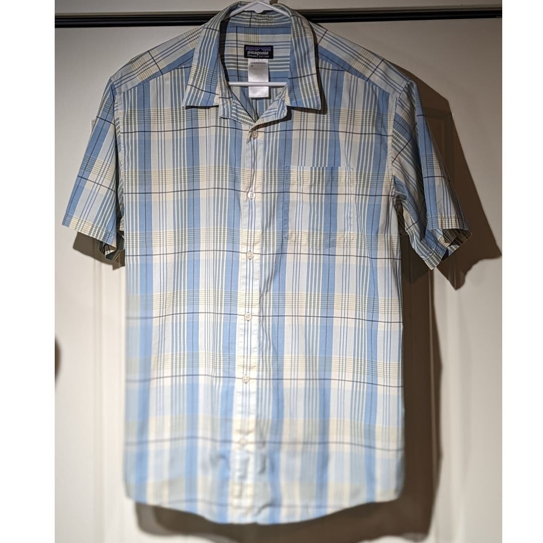 Patagonia Organic Cotton Light Blue Plaid Short Sleeve Button Up Shirt Mens Sz L