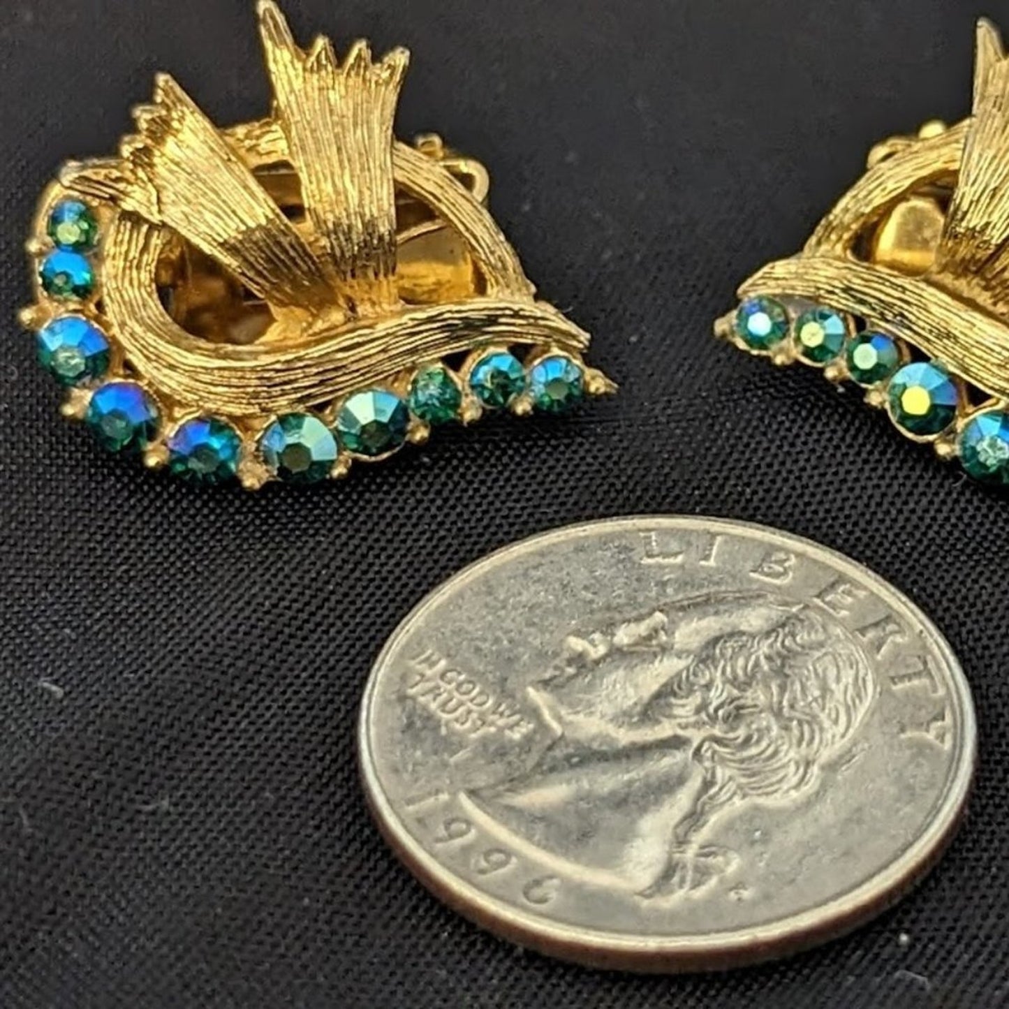 Vintage Gold tone Bow Design AB crystal clip on earrings