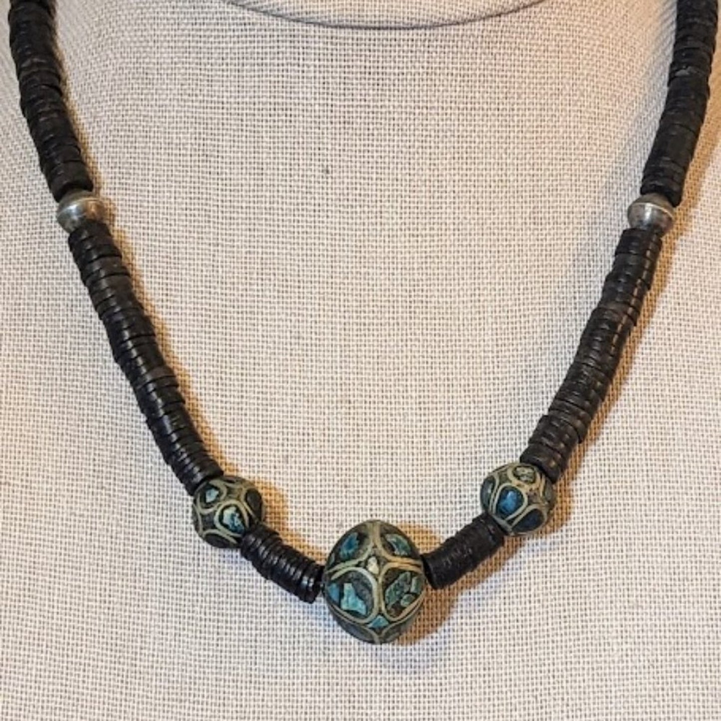 Vintage Hand Made Asian East Indian Ethnic Silver Turquoise Bead Necklace